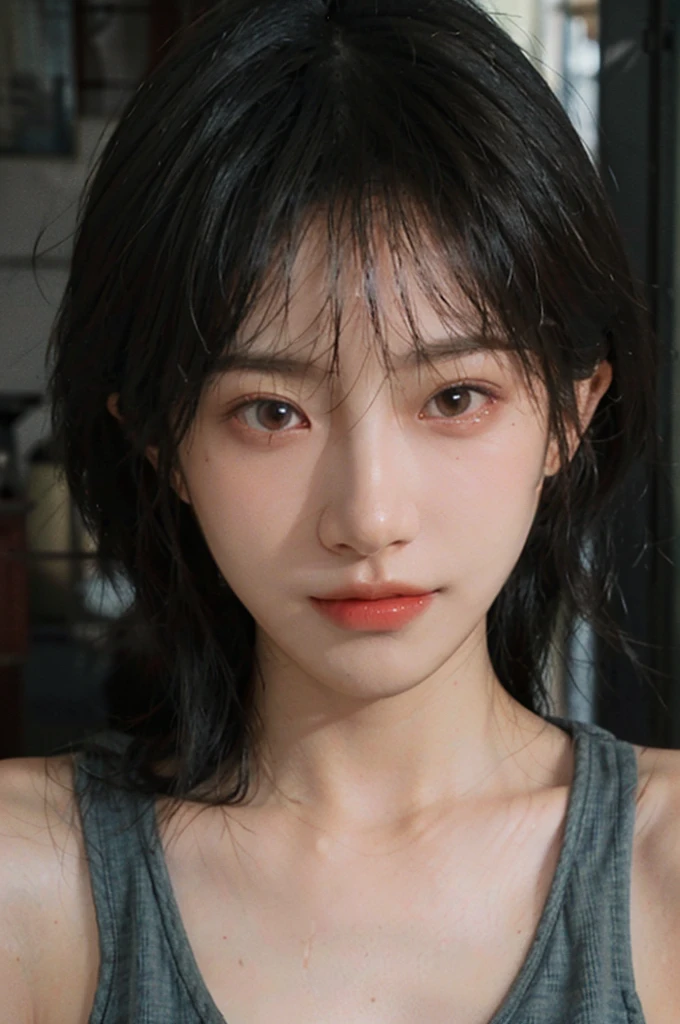 1 girl,model,short hair,A faint smile,serene, calm,Vest,Moles under the eyes,Exquisite eyes, Delicate face,Lipstick,earrings,Hair details, (Large Breasts:1.0),outdoor,background,城市background,(Skin details:1.4),(Realistic and detailed eyes:1.2), Natural skin texture, Realistic facial details,Close-up of face,Portrait Photography,(Portrait Photography:1.1), (smooth skin textures:1.3), (Highest quality real skin textures:1.4), Direct vision,Soft dramatic lighting, Vivid details, 35 mm film, (Photo Practical:1.4), (hyper Practical:1.4), (Practical:1.3), (Smoother lighting:1.05), (Improve lighting quality:0.9), (Enhance the beauty of skin texture:1.1), Depth of Field, Bokeh, Surrealism, Ray Tracing, ( Surrealism, High Detail, Chiaroscuro, Ray Tracing, reflected light, Ultra HD, Ultra HD, masterpiece, Textured Skin, Super Detail, High Detail, high quality, best quality