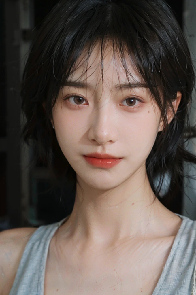 1 girl，model，short hair,A faint smile,serene, calm,Vest，Moles under the eyes,Exquisite eyes, Delicate face,Lipstick,earrings,Hair details, (Large Breasts:1.0),outdoor,background,城市background，(Skin details:1.4),(Realistic and detailed eyes：1.2）, Natural skin texture, Realistic facial details,Close-up of face,Portrait Photography,(Portrait Photography:1.1), (smooth skin textures:1.3), (Highest quality real skin textures:1.4), Direct vision,Soft dramatic lighting, Vivid details, 35 mm film, (Photo Practical:1.4), (hyper Practical:1.4), (Practical:1.3), (Smoother lighting:1.05), (Improve lighting quality:0.9), (Enhance the beauty of skin texture:1.1), Depth of Field, Bokeh, Surrealism, Ray Tracing, ( Surrealism, High Detail, Chiaroscuro, Ray Tracing, reflected light, Ultra HD, Ultra HD, masterpiece, Textured Skin, Super Detail, High Detail, high quality, best quality