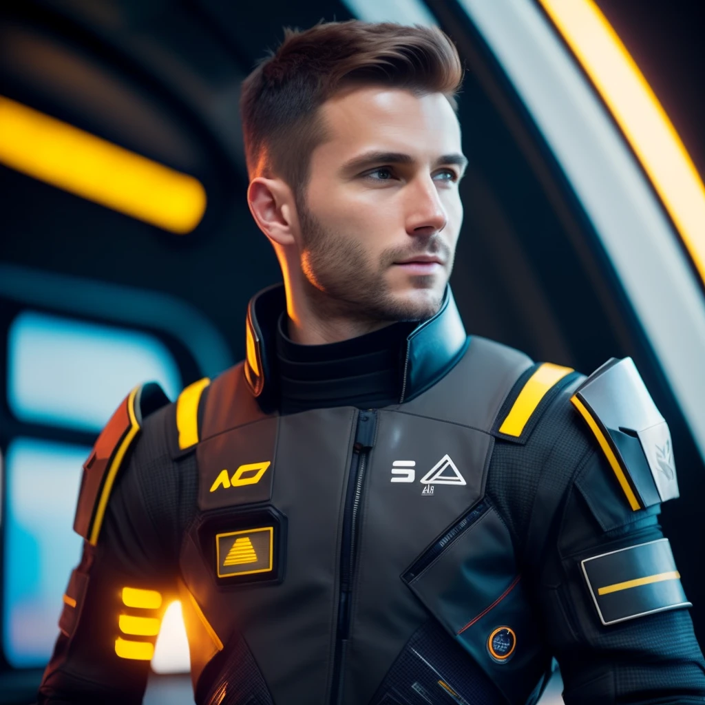 fking_scifi, award-winning photo of a man, black flight suit with yellow accents, brown hair, (gray eyes:1.35), square jawline, asymmetric face, standing in front of a window on a space ship, 80mm, bokeh, mass effect, close up, fking_cinema_v2