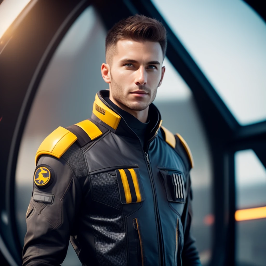 fking_scifi, award-winning photo of a man, black flight suit with yellow accents, brown hair, (gray eyes:1.35), square jawline, asymmetric face, standing in front of a window on a space ship, 80mm, bokeh, mass effect, close up, fking_cinema_v2
