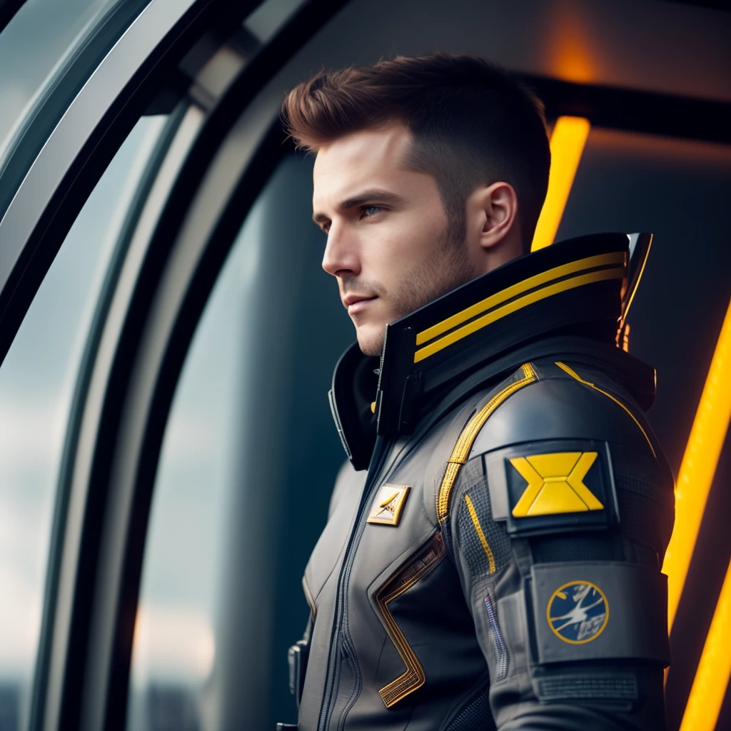 fking_scifi, award-winning photo of a man, black flight suit with yellow accents, brown hair, (gray eyes:1.35), square jawline, asymmetric face, standing in front of a window on a space ship, 80mm, bokeh, mass effect, close up, fking_cinema_v2