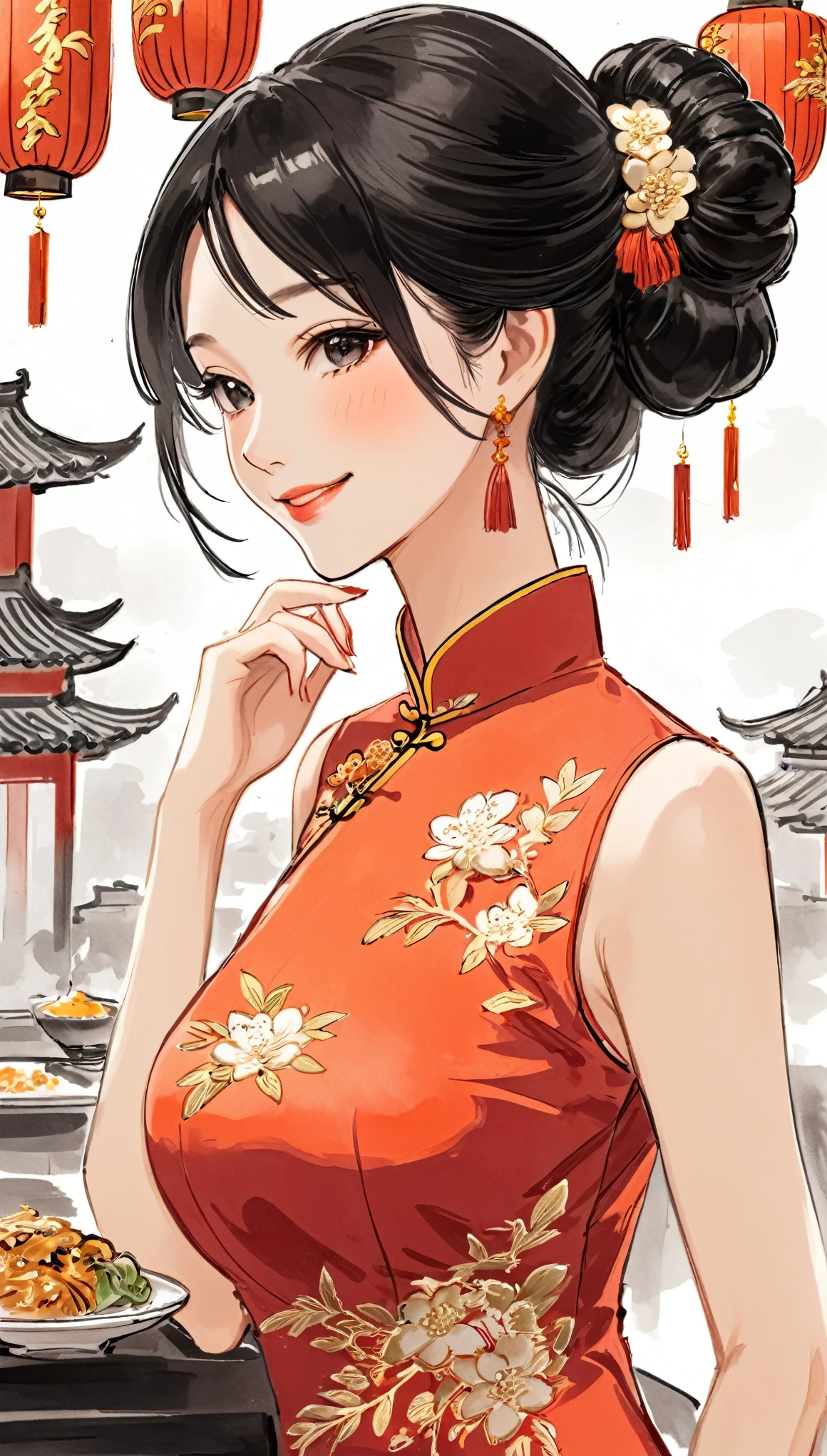 A beautiful woman, city,(Red cheongsam), (flower chignon), (gold embroidery thread), outdoor chinese restaurant, light smile, ((black hair)), little blush, side, (breast), art drawing, ink Painting Art, chinese ink drawing art, (hand drawing art), ((draft drawing)), 