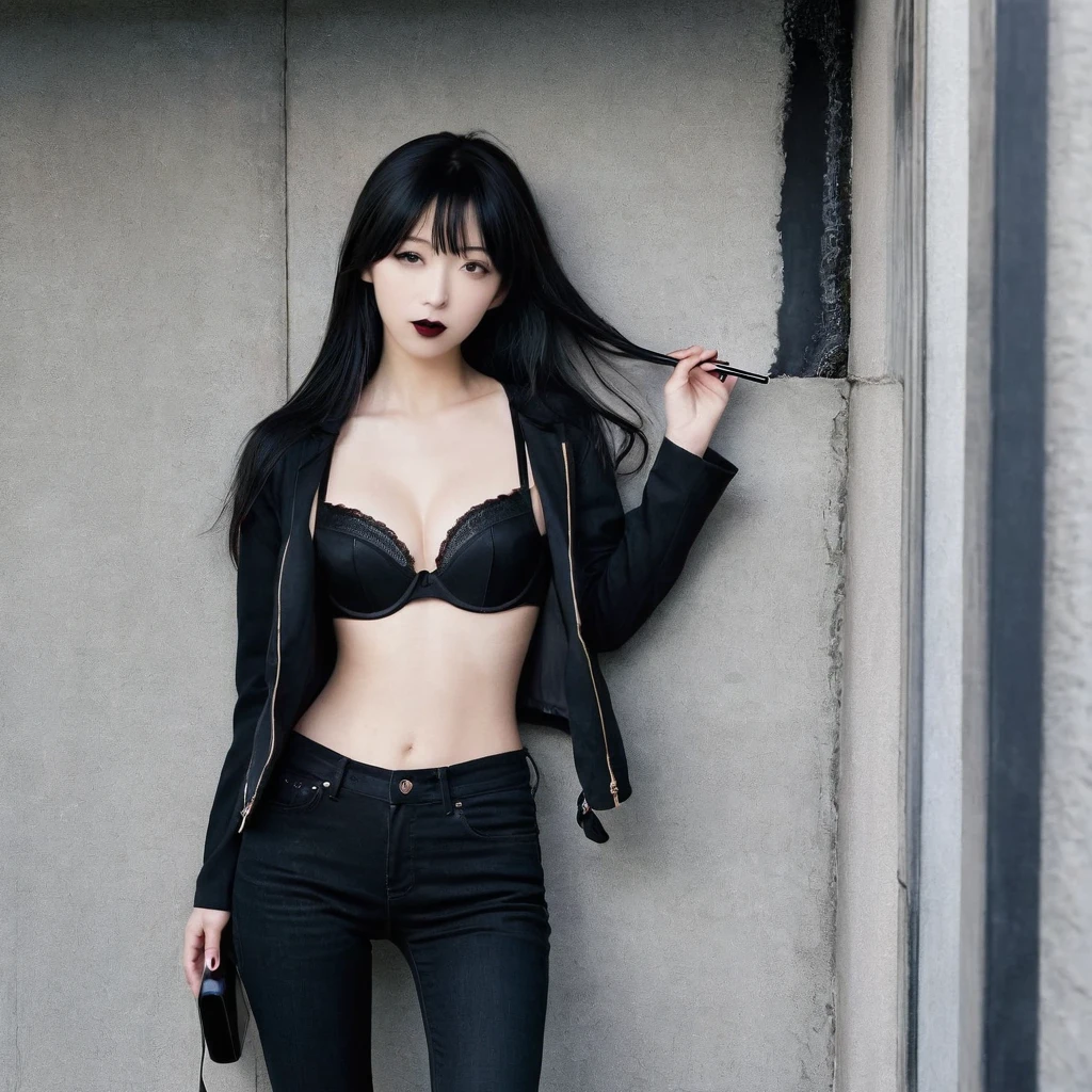 score_9, score_8_up, score_7_up, beautyful japanese woman, slim body, slender body, black jacket, black jeans,big long fringe black hair, black lipstick, pink bra, calm face, morning, leaning against a wall, smoking