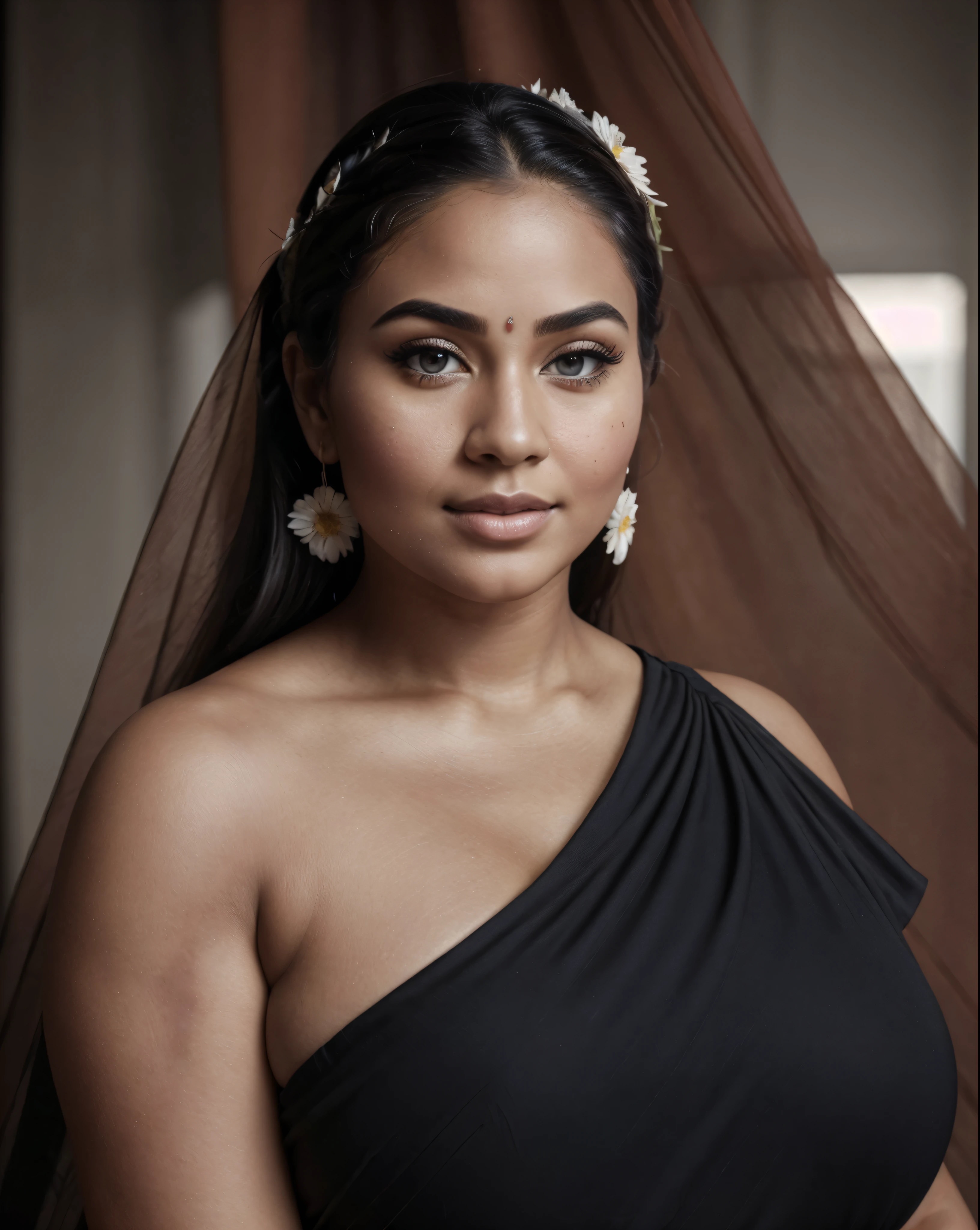 Extremely gorgeous, round face, shoot for a famous cosmetics brand, shoot for top health magazine cover Page, bold photoshoot, bold looks, body positivity, stunning beauty, ravishing, spicy hot, sizzling hot, sensual shoot, artistic sensual photograpy, thick figure, curvy, Thick navel, sexy tempting lady, sexy navel folds, fleshy figure, woman with a flower in her hair and a flower in her hair, closeup portrait shot, movie stills photography, traditional beauty, body sweat, glistening skin, feminine curve, curvy body, skin texture, skin pores, traditional clothes , traditional female hairstyles, pretty face!!, shot on sony alpha dslr-a300, indian woman with brown skin, indian goddess, traditional makeup, movie stills, actress, close - up portrait shot, detailed portrait shot, ultra HD, 32k, hyper realistic, hyper realistic skin, High level professional photography, insane details, high quality skin, beautymarks, real photograph, add every possible elements to make the photo looks as real photograph, tattoo, tattoo like tattooed tribal woman,
