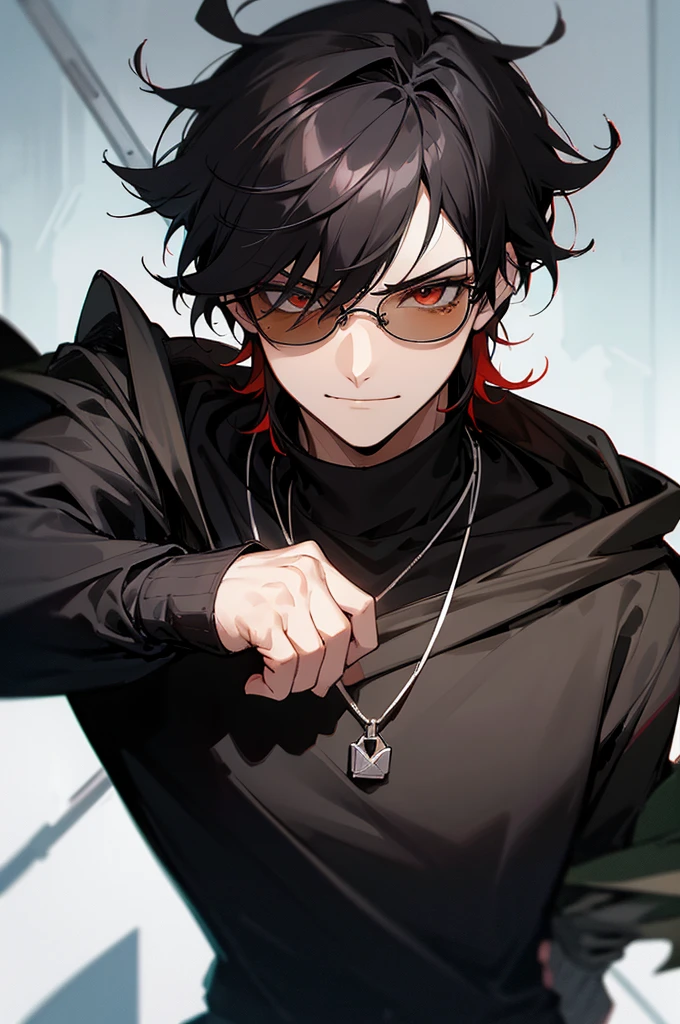 High definition, uhd. Draw a male anime character from the front with the following physical characteristics: jovem aduulto, Caucasian skin, medium and messy black hair, but well looked after. Your hair falls over your ears and the back of your neck. O personagem é cego e utiliza sunglasses de red lenses e armação prateada. Glasses hide your eyes and give you a mysterious look. fine nose, relaxed features, Serious and confident, corner smile. badass clothing: a black sweater and a silver chain. destacados: sunglasses, red lenses (character's trademark). Glasses lenses make it impossible to see your eyes. Red background in blurred style.