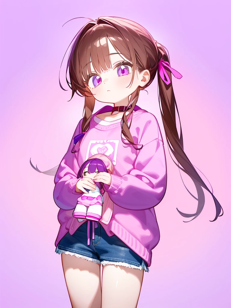 A Girl with long brown hair tied at the back with pink and purple ribbons, wearing a pink shirt with a collar and long sleeves. Wearing loose shorts She is cute she is holding a doll with a cute pink and purple background