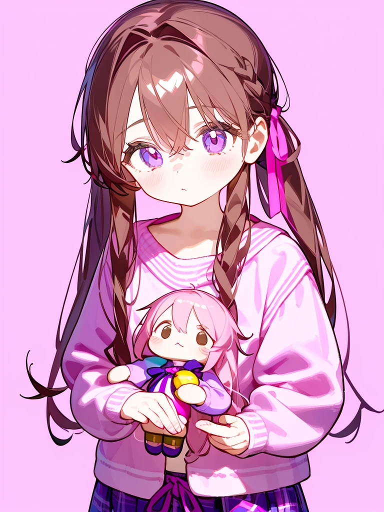 A Girl with long brown hair tied at the back with pink and purple ribbons, wearing a pink shirt with a collar and long sleeves. Wearing loose shorts She is cute she is holding a doll with a cute pink and purple background