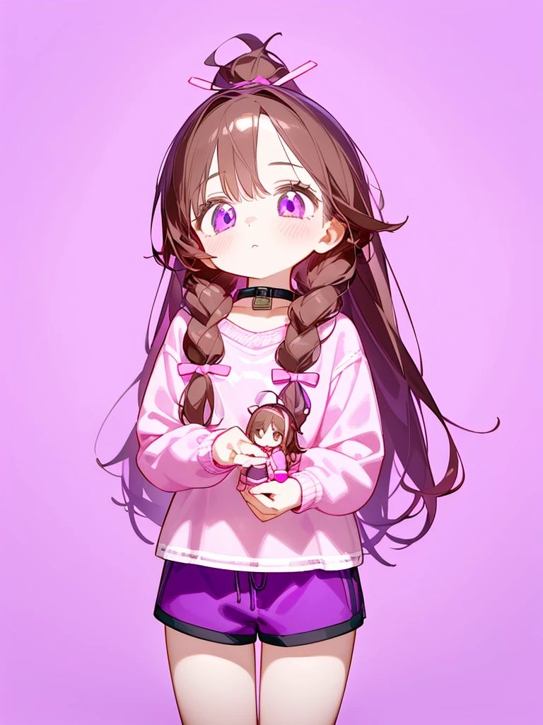 A Girl with long brown hair tied at the back with pink and purple ribbons, wearing a pink shirt with a collar and long sleeves. Wearing loose shorts She is cute she is holding a doll with a cute pink and purple background