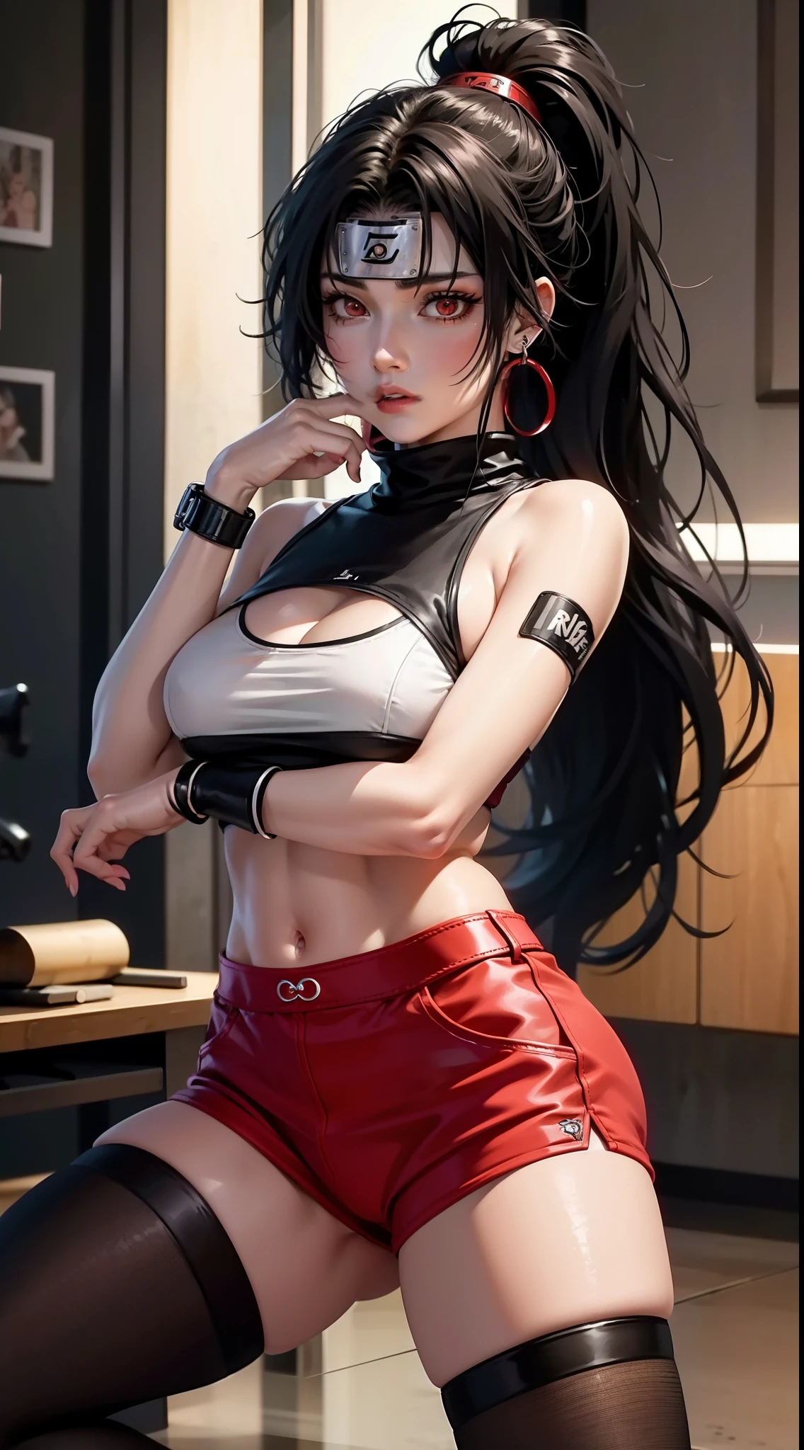 Kurenai from the anime Naruto, dark hair, long hair, Red eyes, ponytail, wear mascara, Perfect body, perfect breasts, Beautiful woman, very beautiful, wear a red Nike sweatshirt, red joggers, wear a watch, wear earrings, wears red Nike Jordan shoes, I was at the gym, Realism, masterpiece, textured leather, Super detailed, high detail, high quality, Best quality, 1080P, HD, 16K