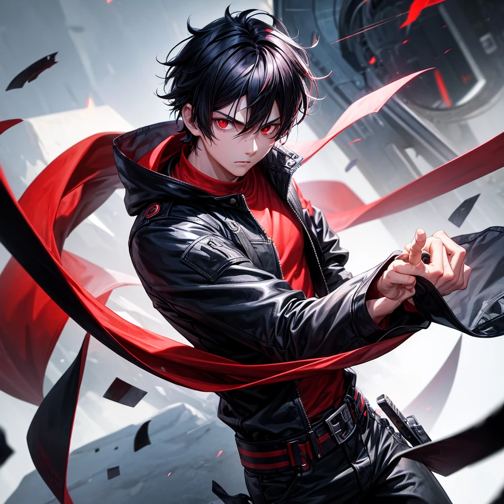 Boy. Cool. Red eyes black hair.short anime hair. He is fighting. Cool apocalypse backround