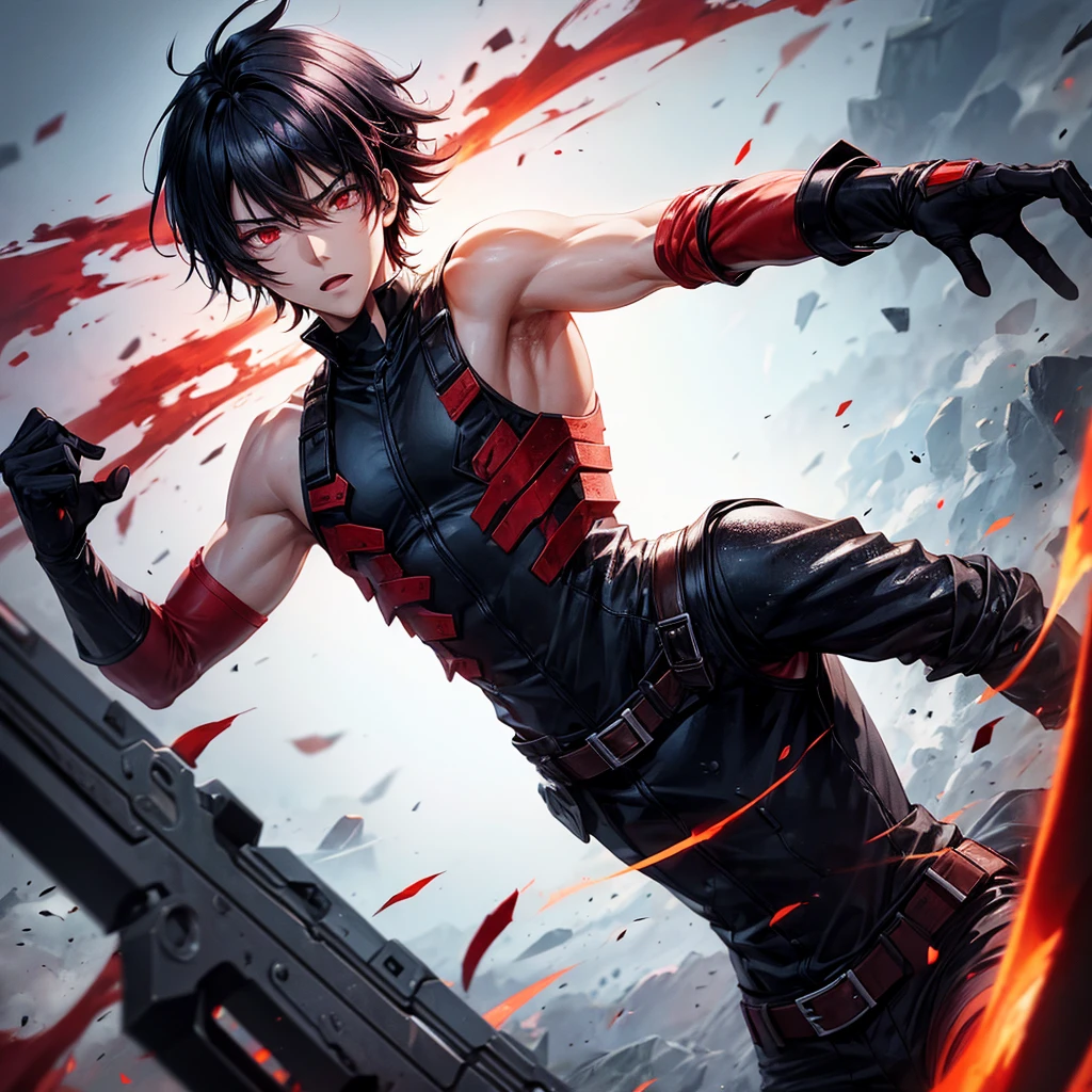 Boy. Cool. Red eyes black hair.short anime hair. He is fighting. Cool apocalypse backround 