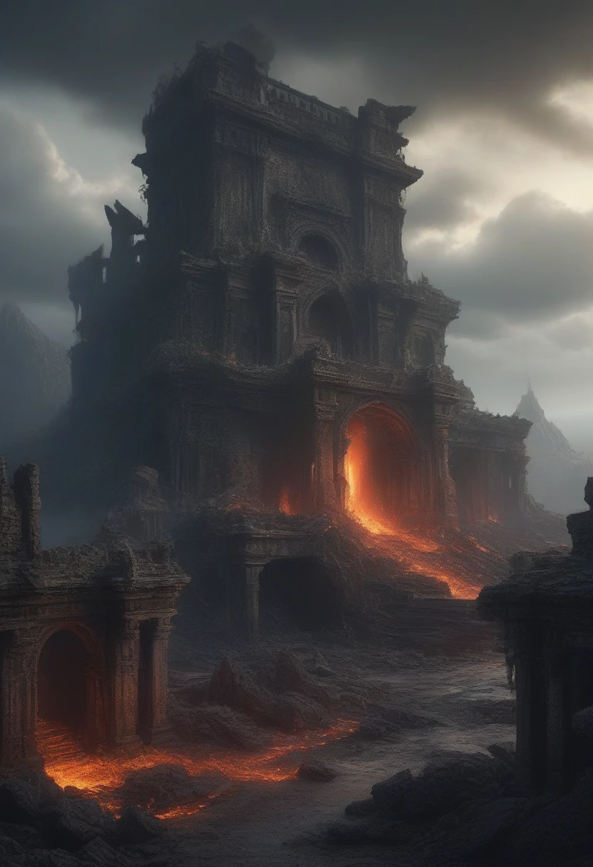 a ruined city, ancient abandoned ruins, decaying architecture, crumbling buildings, atmospheric misty landscape, glowing lava flows, dragons in the sky, detailed fantasy environment, intricate detailed structures, dramatic lighting, dark moody colors, rich textures, (best quality,8k,highres,detailed description,masterpiece:1.2),ultra-detailed,(realistic,photorealistic,photo-realistic:1.37),cinematic,concept art