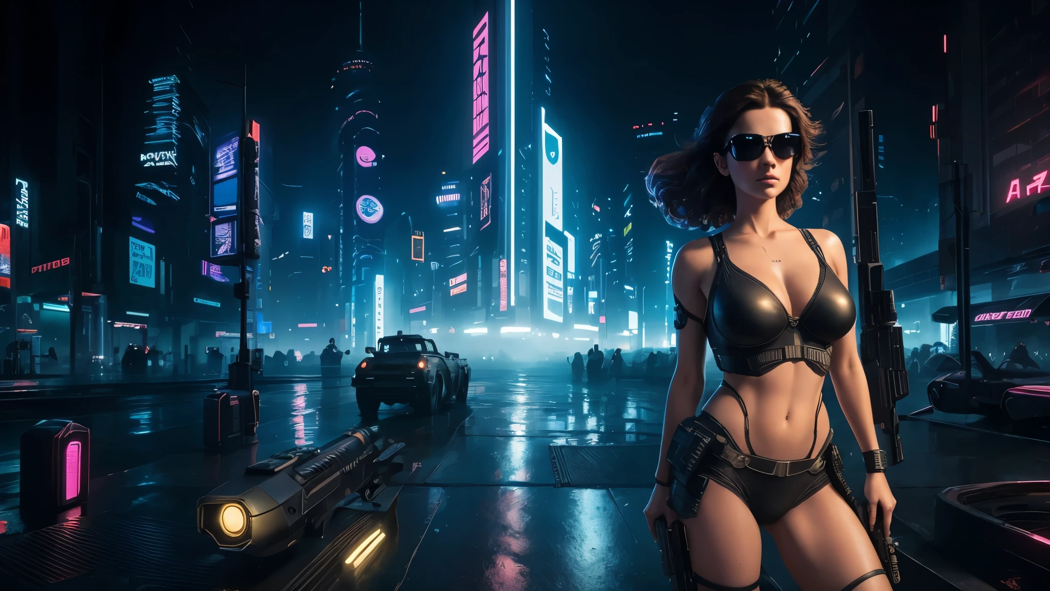 20-year old large-breast woman with cleavage:1.4, 1woman, solo, 3D neon art of a woman's body, matrix style black micro sunglasses, (((aiming with a short gun))), (looking at camera), aerial view of blade runner neon-noir city background, perfect composition, beautiful detailed intricate insanely detailed octane render trending on artstation, 8K artistic photography, photorealistic concept art, soft natural volumetric cinematic perfect light, chiaroscuro, award-winning photograph, masterpiece, oil on canvas, Raphael, Caravaggio, Greg Rutkowski, Beeple, Beksinski, Giger