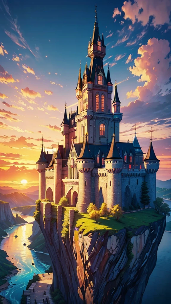 ((masterpiece, best quality)), (vast river, vibrant coloring, castle divided by cliff, sunset, festival)), dramatic lighting
