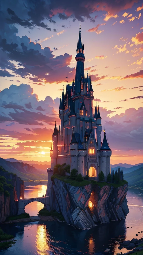 ((masterpiece, best quality)), (vast river, vibrant coloring, castle divided by cliff, sunset, festival)), dramatic lighting