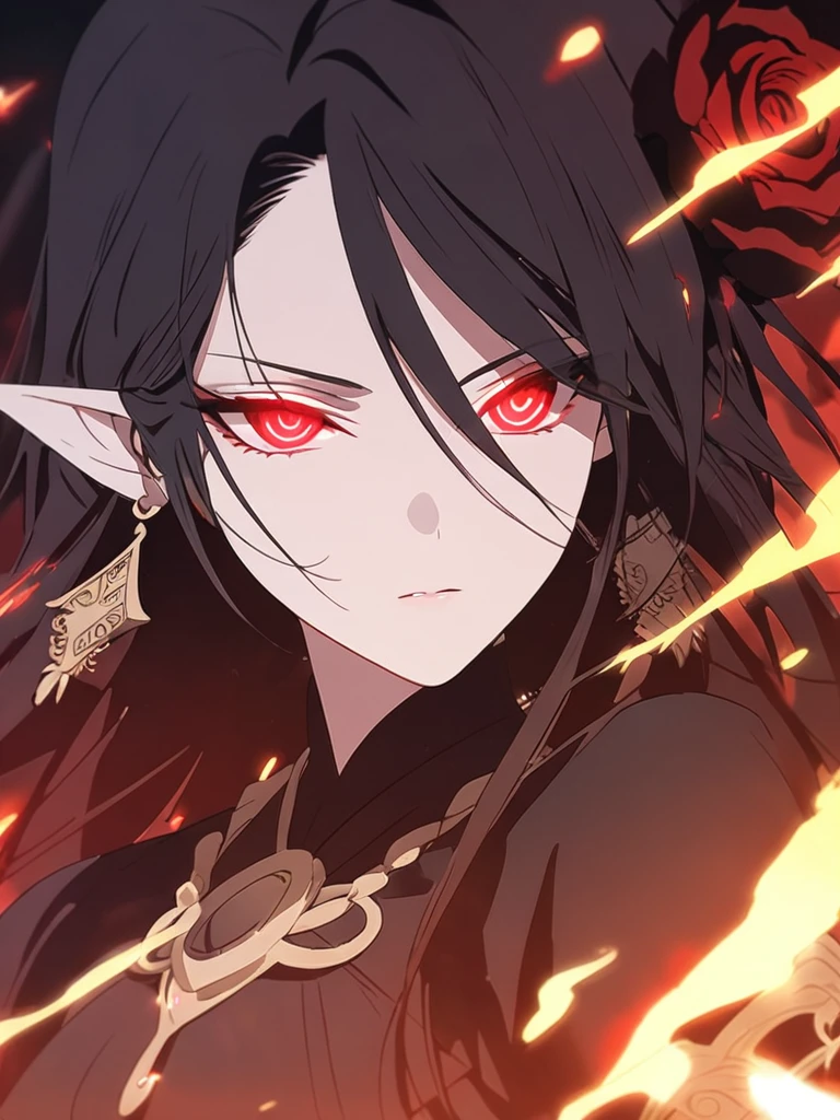 1woman, seriously, elven, dark god, fire black hair, straight hairstyle, glowing red eyes, black rose, black Knight, elegant, traditional thai costume,