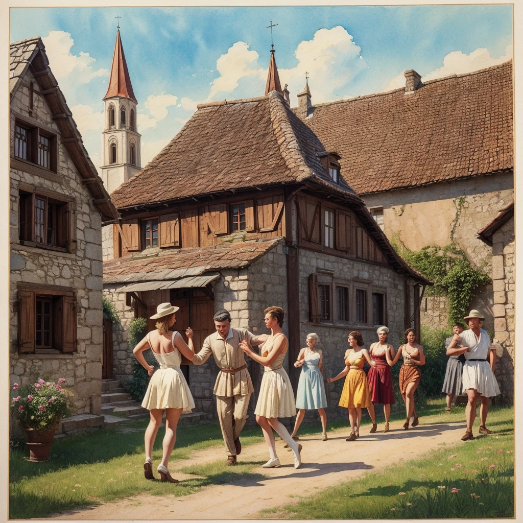 watercolor drawing in Retro-Look, rural saxones village in Transilvania with fortificated church of bazna, man and naked woman dance, full body shot, in the style of classic Americana, white background, Andrew Loomis style, Masterpiece work of art,