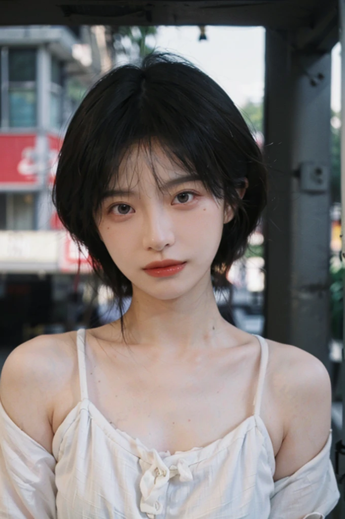 (Skin details:1.4), (smooth skin textures:1.3), Lipstick, background, earrings, serene, calm, (Realistic and detailed eyes：1.2）, (Large Breasts:1.0),Natural skin texture, Realistic facial details, Soft dramatic lighting, Vivid details, 35 mm film, outdoor, (Photo Practical:1.4), (hyper Practical:1.4), (Practical:1.3), (Smoother lighting:1.05), (Improve lighting quality:0.9), (Highest quality real skin textures:1.4), Exquisite eyes, Delicate face, Close-up of face, (Enhance the beauty of skin texture:1.1), Hair details,  model，normal body ratio, short hair, Moles under the eyes, 公园background，Portrait Photography, Depth of Field, Bokeh, Surrealism, Ray Tracing, (Portrait Photography:1.1), Surrealism, High Detail, Chiaroscuro, Ray Tracing, reflected light, Ultra HD, Ultra HD, masterpiece, Textured Skin, Super Detail, High Detail, high quality, best quality