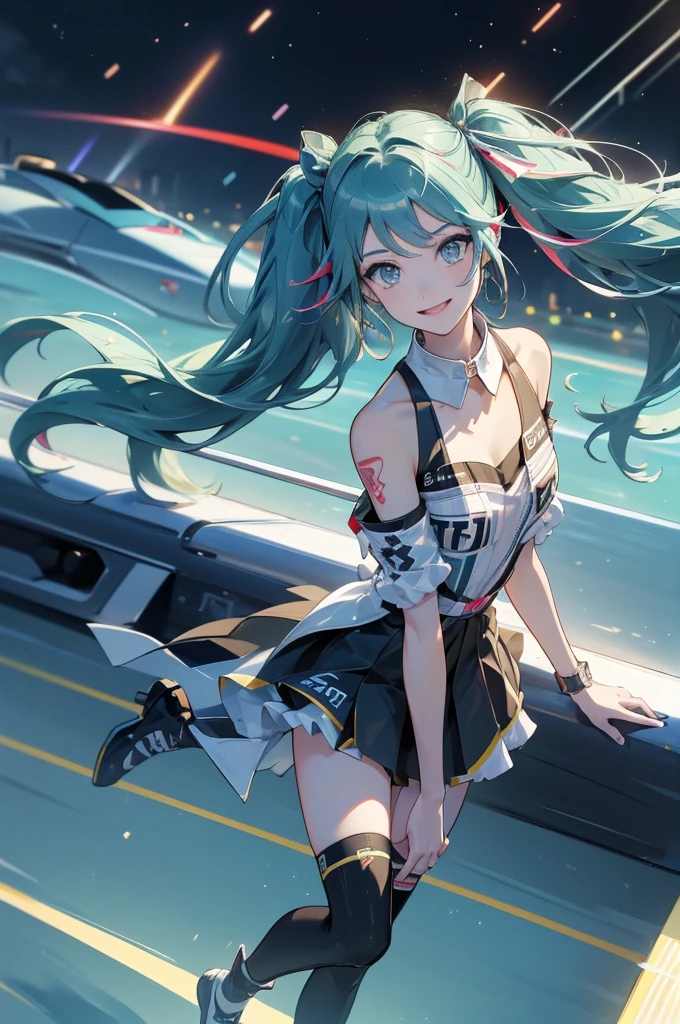 ((Racing Car))(((Nissan GT-R)))、Highest quality, masterpiece, Ultra-high resolution, (Realistic:1.2)1woman(((Race Queen)))、(Highest quality)、((Smiling with teeth showing))、sunlight、Hot summer day、、((circuit))、hatsune miku、((Shiny, Colorful and flashy leotards))、High Leg、Brown Skin、smile、Sunburn、 tattoo、((Light blue hair))、Long twin tails、((Jump energetically))((Highest quality)).4K