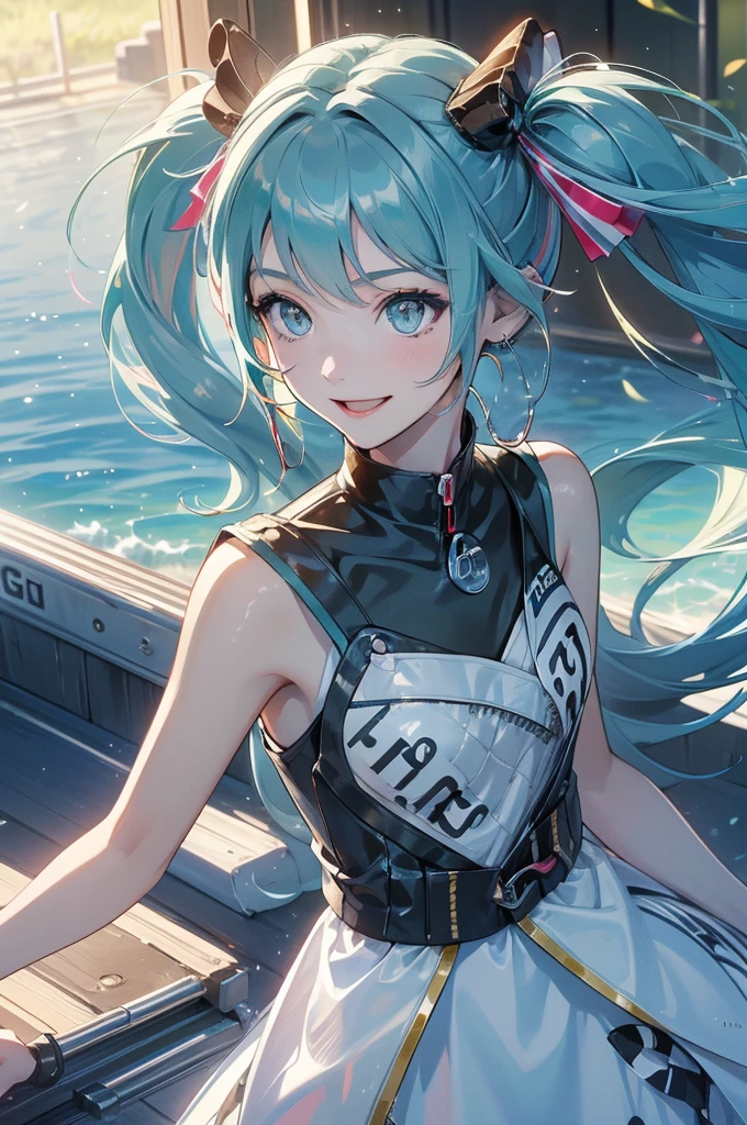 ((Racing Car))(((Nissan GT-R)))、Highest quality, masterpiece, Ultra-high resolution, (Realistic:1.2)1woman(((Race Queen)))、(Highest quality)、((Smiling with teeth showing))、sunlight、Hot summer day、、((circuit))、hatsune miku、((Shiny, Colorful and flashy leotards))、High Leg、Brown Skin、smile、Sunburn、 tattoo、((Light blue hair))、Long twin tails、((Jump energetically))((Highest quality)).4K