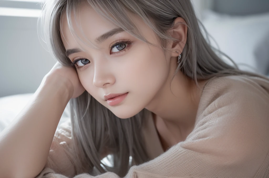 ((Realistic lighting、Highest quality、、masterpiece:1.3))、Gray Hair、Clear focus:1.2、1 Girl、Perfect body beauty:1.4、(半transparentの白のガーターを着用:1.4、Gray stockings:1.2、)、smile、Super detailed face、Narrow eyes、double eyelid、Put your hands on your head、Sleeping on the bed、Big , (8K, RAW Photos, High sensitivity, Highest quality, masterpiece, Ultra High resolution, realism: 1.25), blush, (非常にdetailedなCGユニティ8K壁紙, Highest quality, High resolution: 1.2), (Ultra_detailed, 超High resolution: 1.2), Perfect lighting, Individuality, (1 girl: 1.4), (pretty girl: 1.2), Unreal Engine, Side light, Gray Hair, Perfect Face, Perfect body, Beautiful Eyes, Beautiful Face, (Light Skin: 1.4),Model Beauty,transparent,
