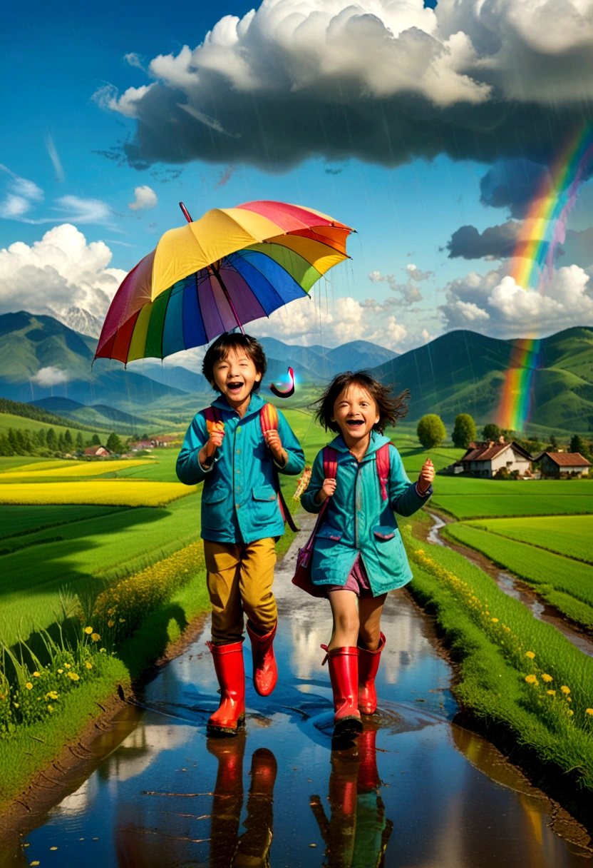 (Umbrella, rain), The picture mainly depicts two children strolling on a rural road in a spring afternoon, each holding a colorful umbrella as their playing tool. They are wearing rain boots and jumping in the puddle, emitting cheerful laughter. The background is green fields and distant mountains, and a faint rainbow hangs in the sky, forming a lively picture. The background of the picture is fields and mountains, and the camera is the middle shot, displaying the overall picture, (panoramic view), Photography, award-winning, cinematic still, emotional, vignette, dynamic, vivid, (masterpiece, best quality, Professional, perfect composition, very aesthetic, absurdres, ultra-detailed, intricate details:1.3)