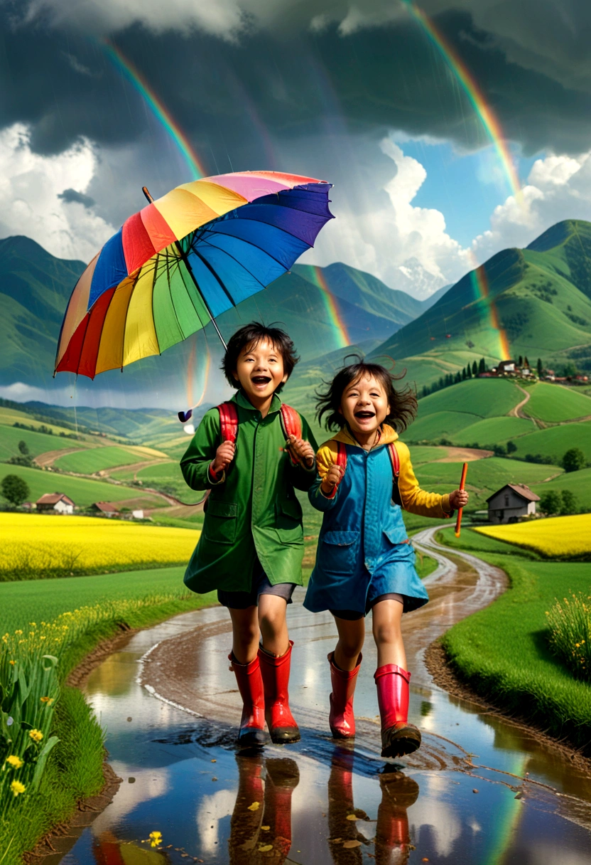 (Umbrella, rain), The picture mainly depicts two children strolling on a rural road in a spring afternoon, each holding a colorful umbrella as their playing tool. They are wearing rain boots and jumping in the puddle, emitting cheerful laughter. The background is green fields and distant mountains, and a faint rainbow hangs in the sky, forming a lively picture. The background of the picture is fields and mountains, and the camera is the middle shot, displaying the overall picture, (panoramic view), Photography, award-winning, cinematic still, emotional, vignette, dynamic, vivid, (masterpiece, best quality, Professional, perfect composition, very aesthetic, absurdres, ultra-detailed, intricate details:1.3)