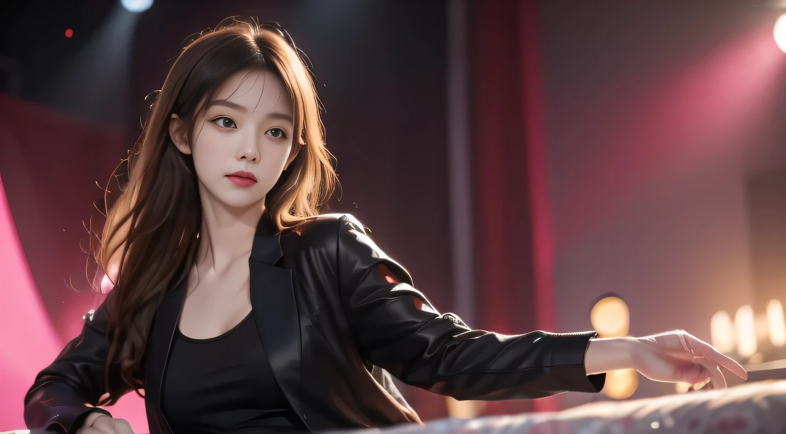 masterpiece, best quality, 1 Girl, Upper Body, Ji Rou, Delicate eyes, Pink shirt, Black jacket, The clothes are torn, concert, (stage)