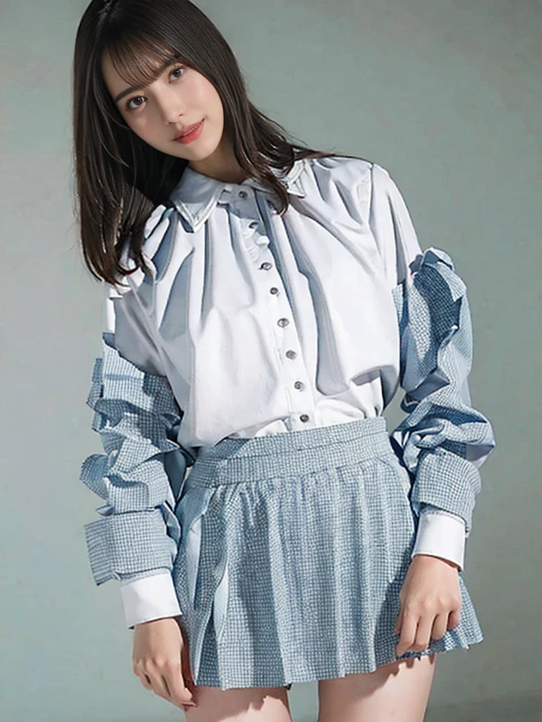 raw photo, 1girl, medium breast, collared blouse, White blouse, pussy, nipple, light smile, detailed skin, simple background, Above the knee, (skirt lift:1.2), skirt lift pov, panty pull, shirt lift up, bra lift up, photorealistic, depth of field, masterpiece, best quality, anatomically correct, super detail, textured skin, accurate