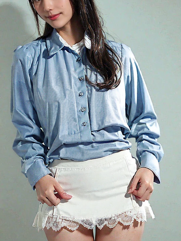 raw photo, 1girl, medium breast, collared blouse, White blouse, pussy, nipple, light smile, detailed skin, simple background, Above the knee, (skirt lift:1.2), skirt lift pov, panty pull, shirt lift up, bra lift up, photorealistic, depth of field, masterpiece, best quality, anatomically correct, super detail, textured skin, accurate