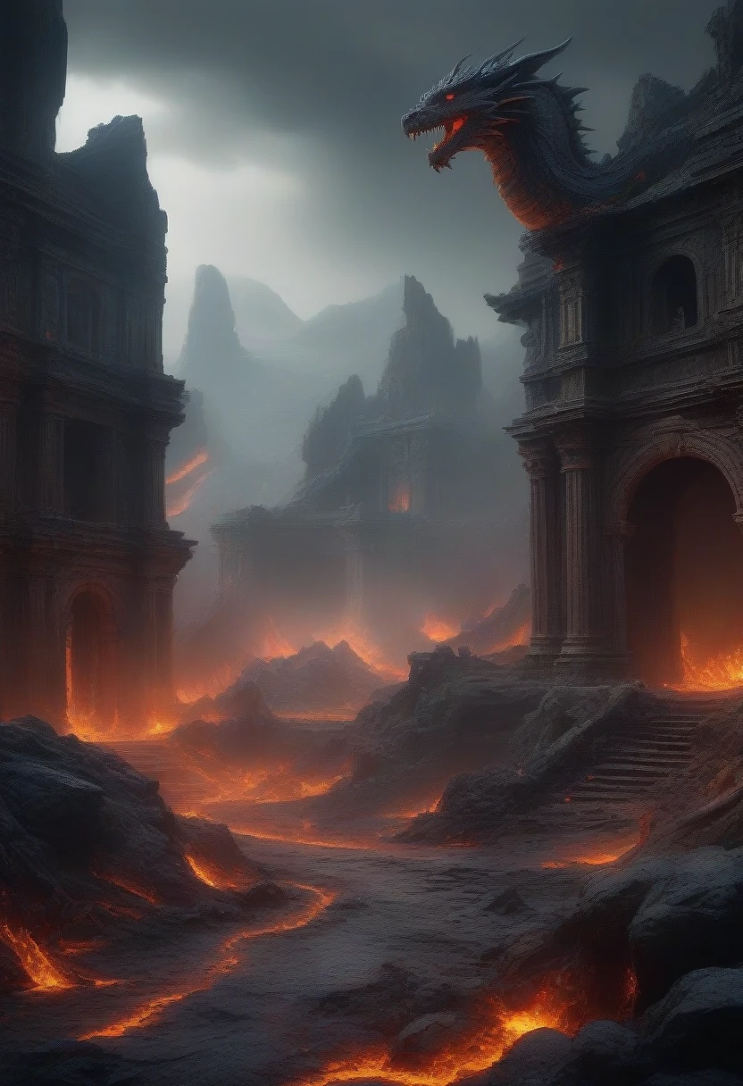 a ruined city, ancient abandoned ruins, decaying architecture, crumbling buildings, atmospheric misty landscape, glowing lava flows, dragons in the sky, detailed fantasy environment, intricate detailed structures, dramatic lighting, dark moody colors, rich textures, (best quality,8k,highres,detailed description,masterpiece:1.2),ultra-detailed,(realistic,photorealistic,photo-realistic:1.37),cinematic,concept art