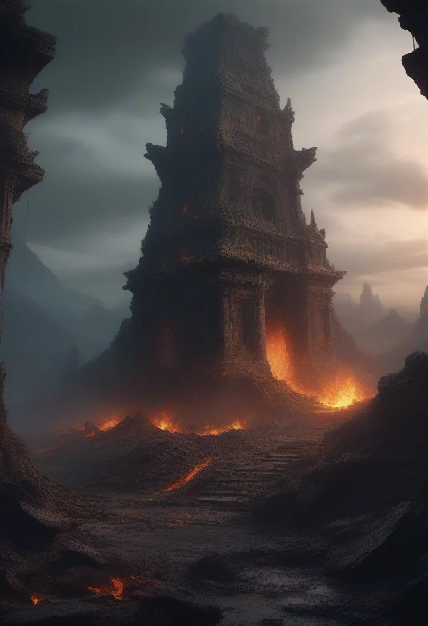 a ruined city, ancient abandoned ruins, decaying architecture, crumbling buildings, atmospheric misty landscape, glowing lava flows, dragons in the sky, detailed fantasy environment, intricate detailed structures, dramatic lighting, dark moody colors, rich textures, (best quality,8k,highres,detailed description,masterpiece:1.2),ultra-detailed,(realistic,photorealistic,photo-realistic:1.37),cinematic,concept art