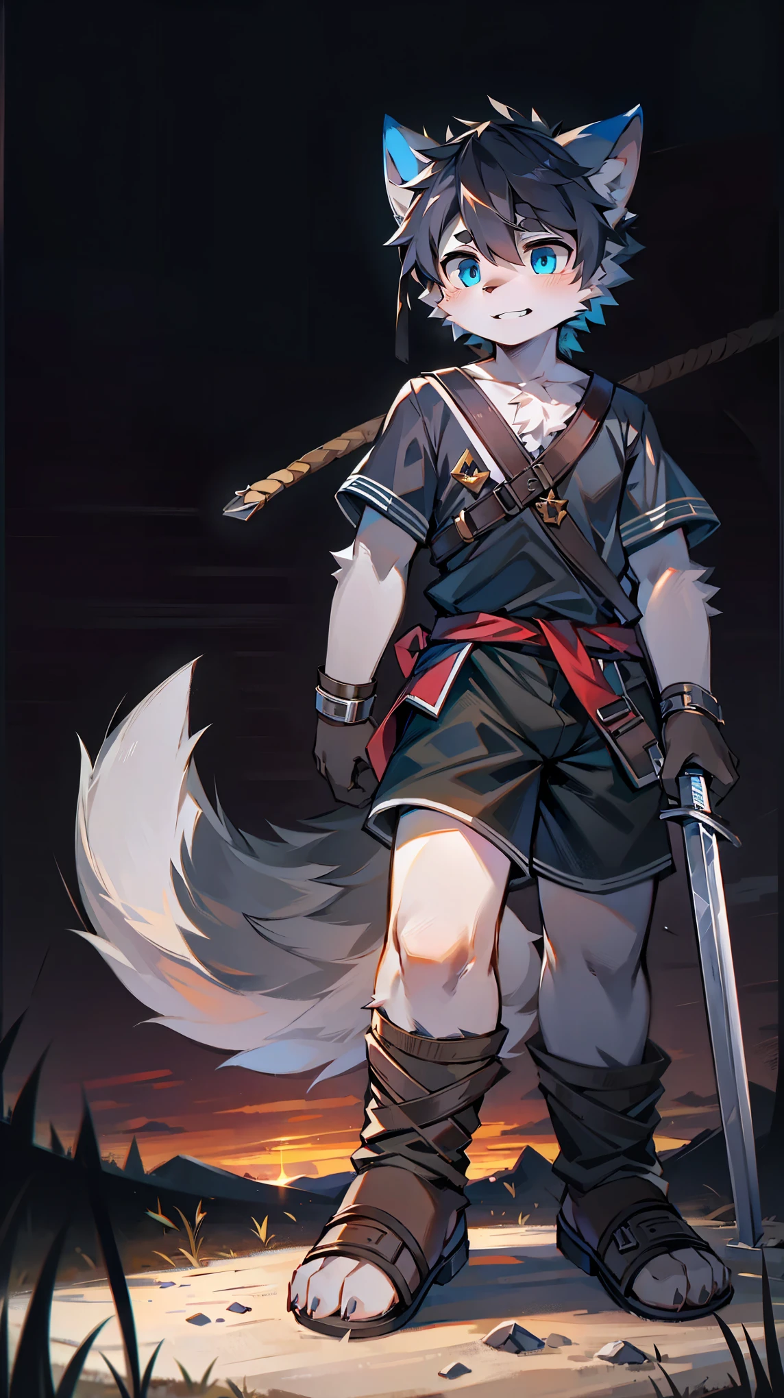 White Wolf,black hair,Sky blue eyes,hairy,Wolf ears,Wolf tail,Full body portrait,The character is in the center of the frame,Handsome,Confident eyes,male,juvenile,Black and white combat uniform,Red neck bib,Black shorts,Short sleeve,hairy arms and legs,Dark background,Dark battlefield,dawn,sunrise,dawn,illumination,shadow,Swordsman,Scabbard and sword,Hold the hilt of a sword in your hand,The scabbard is at the waist,Highest quality