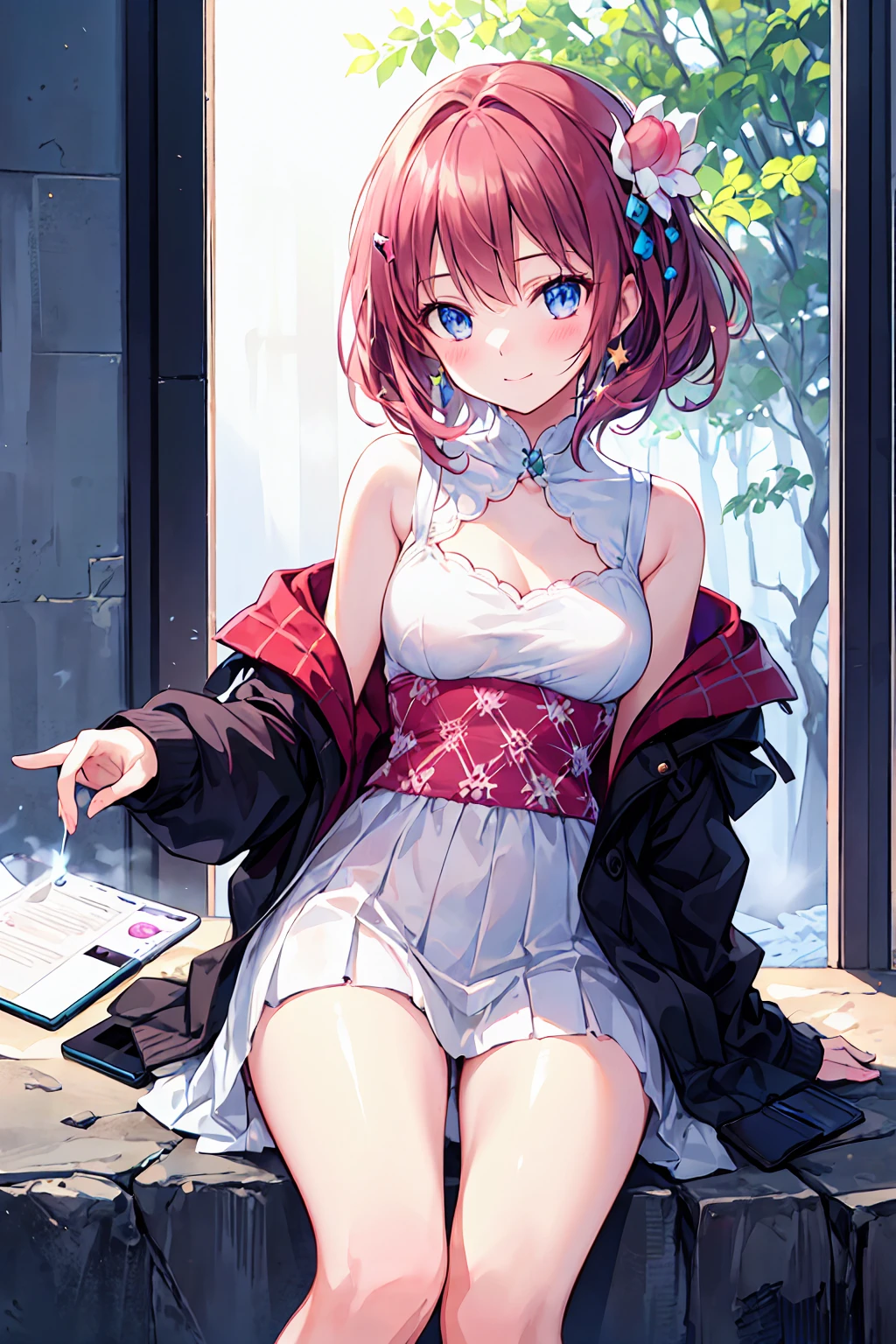 Great quality, masterpiece, High Resolutiupon, One girl, blush, (Cute Smile: 0.8), Star Eyes, hair accessory, jewelry, beauty, upon_body, Tyndall effect, Realistic, Peach Blossom Forest, Light Edge, Two-tupone Lighting, (Skin with attention to detail: 1.2), 8K UHD, Digital SLR, Soft Light, high quality, Volumetric lighting, Voyeur, photograph, High Resolutiupon, 4K, 8K, Background Blur