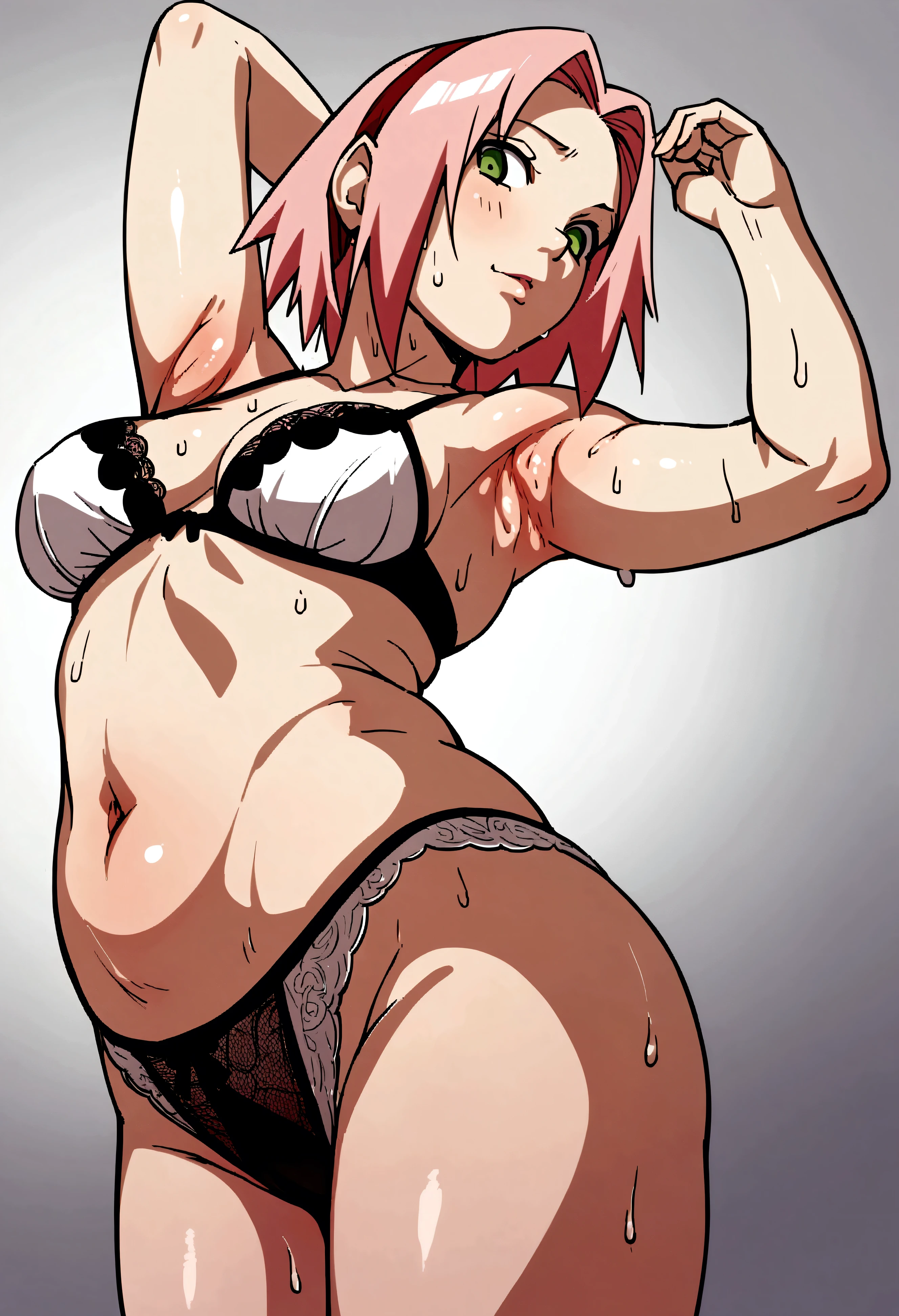 Hentai, Haruno Sakura, naruto character, big , whole body, with lingeries, bra and panties, show armpit, sweaty armpit, hands up
