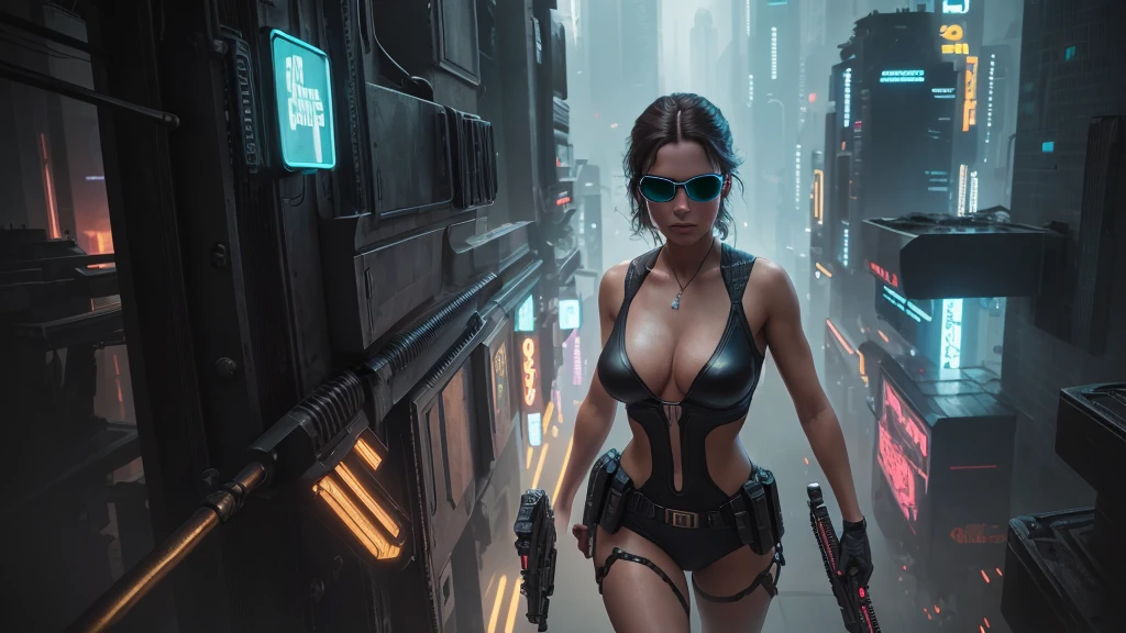 20-year old large-breast woman with cleavage:1.4, 1woman, solo, 3D neon art of a woman's body, matrix style black micro sunglasses, (((aiming with a short gun))), (looking at camera), aerial view of blade runner neon-noir city background, perfect composition, beautiful detailed intricate insanely detailed octane render trending on artstation, 8K artistic photography, photorealistic concept art, soft natural volumetric cinematic perfect light, chiaroscuro, award-winning photograph, masterpiece, oil on canvas, Raphael, Caravaggio, Greg Rutkowski, Beeple, Beksinski, Giger