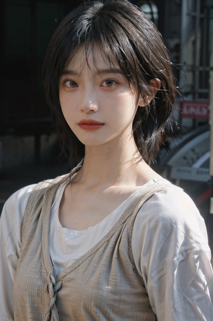 1 girl，model，short hair,A faint smile,serene, calm,Vest，Moles under the eyes,Exquisite eyes, Delicate face,Lipstick,earrings,Hair details, (Large Breasts:1.0),outdoor,background,城市background，(Skin details:1.4),(Realistic and detailed eyes：1.2）, Natural skin texture, Realistic facial details,Close-up of face,Portrait Photography,(Portrait Photography:1.1), (smooth skin textures:1.3), (Highest quality real skin textures:1.4), Direct vision,Soft dramatic lighting, Vivid details, 35 mm film, (Photo Practical:1.4), (hyper Practical:1.4), (Practical:1.3), (Smoother lighting:1.05), (Improve lighting quality:0.9), (Enhance the beauty of skin texture:1.1), Depth of Field, Bokeh, Surrealism, Ray Tracing, ( Surrealism, High Detail, Chiaroscuro, Ray Tracing, reflected light, Ultra HD, Ultra HD, masterpiece, Textured Skin, Super Detail, High Detail, high quality, best quality