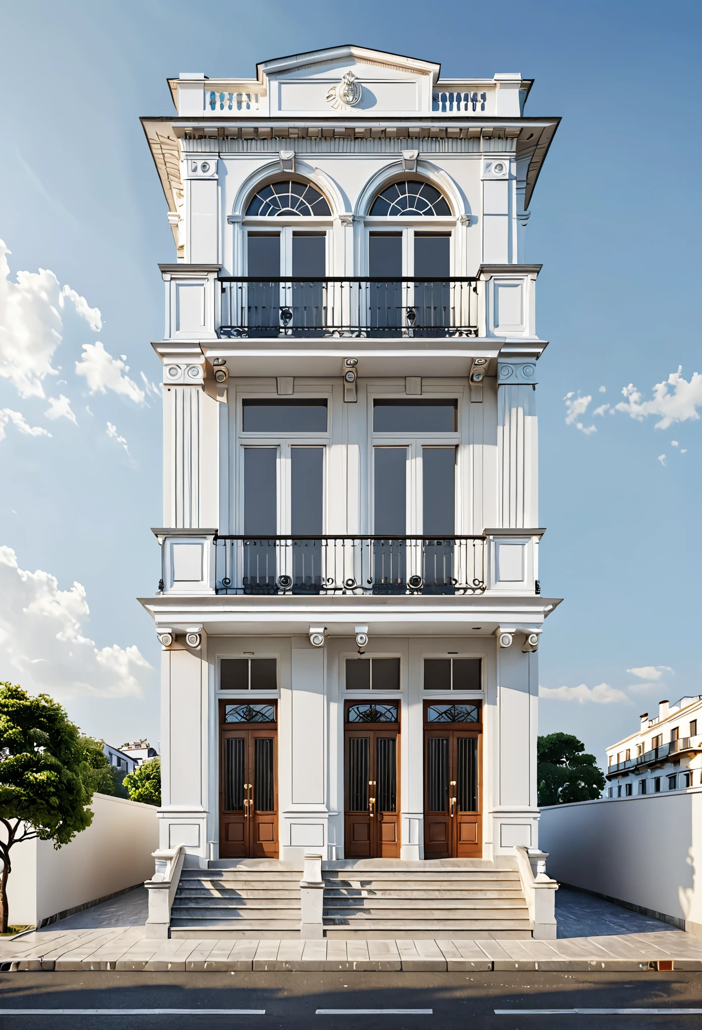 a rendering of a three story building with a balcony and balconies, neo - classical style, front elevation view, frontview, building facing, elevation view, an extremely detailed building, realistic building, front elevation, neo classical architecture, in style of simplified realism, neoclassical architecture, exterior design, front-view, neo-classical, neo - classical