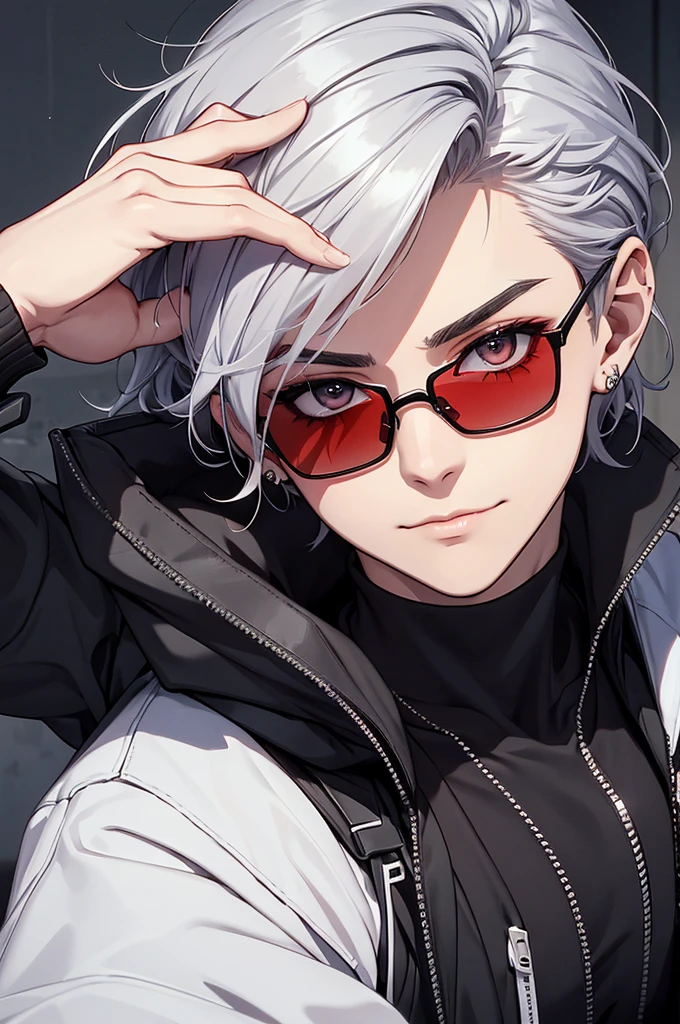 High definition, uhd. Draw a male anime character from the front with the following physical characteristics: jovem aduulto, Caucasian skin, medium and messy black hair, but well looked after. Your hair falls over your ears and the back of your neck. O personagem é cego e utiliza sunglasses de red lenses e armação prateada. Glasses hide your eyes and give you a mysterious look. fine nose, relaxed features, Serious and confident, corner smile. badass clothing: a black sweater and a silver chain. destacados: sunglasses, red lenses (character's trademark). Glasses lenses make it impossible to see your eyes. Red background in blurred style.