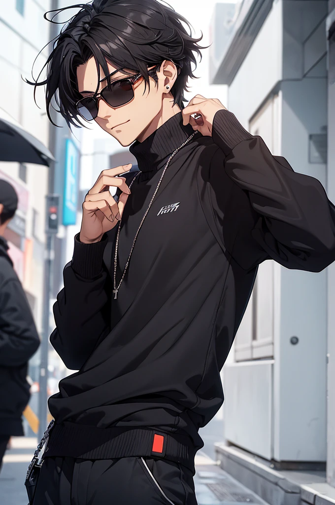 High definition, uhd. Draw a male anime character from the front with the following physical characteristics: jovem aduulto, Caucasian skin, medium and messy black hair, but well looked after. Your hair falls over your ears and the back of your neck. O personagem é cego e utiliza sunglasses de red lenses e armação prateada. Glasses hide your eyes and give you a mysterious look. fine nose, relaxed features, Serious and confident, corner smile. badass clothing: a black sweater and a silver chain. destacados: sunglasses, red lenses (character's trademark). Glasses lenses make it impossible to see your eyes. Red background in blurred style.