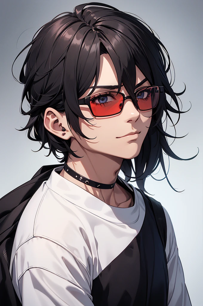 High definition, uhd. Draw a male anime character from the front with the following physical characteristics: jovem aduulto, Caucasian skin, medium and messy black hair, but well looked after. Your hair falls over your ears and the back of your neck. O personagem é cego e utiliza sunglasses de red lenses e armação prateada. Glasses hide your eyes and give you a mysterious look. fine nose, relaxed features, Serious and confident, corner smile. badass clothing: a black sweater and a silver chain. destacados: sunglasses, red lenses (character&#39;s trademark). Glasses lenses make it impossible to see your eyes. Red background in blurred style.