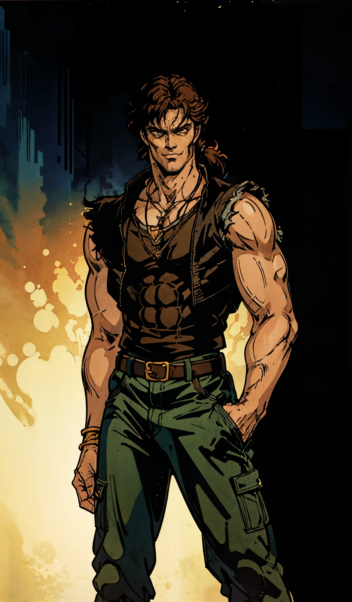 (masterpiece:1.2, best quality, extremely delicate), a man with short brown hair, a short ponytail, brown skin, a handsome face, deep eyes, a wild smile, stubble on his chin, wears a necklace with fangs, a muscular build, a fantasy-reality style blue open short vest, sleeveless, a cloth band on his arm, a yellow belt, green cargo pants, stands on an endless coastline, this character embodies a finely crafted fantasy-reality style rogue in anime style, exquisite and mature manga art style, dramatic, high definition, highres, ultra-detailed, ultra-fine painting, professional, perfect body proportions, golden ratio, anatomically correct, symmetrical face, extremely detailed eyes and face, high quality eyes, creativity, RAW photo, UHD, 32k, Natural light, cinematic lighting, masterpiece-anatomy-perfect
