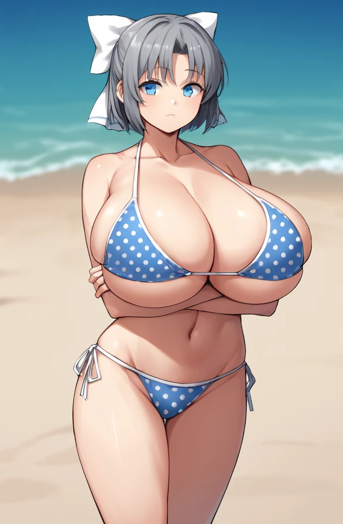 anime artwork, score_9, score_8_up, score_7_up, score_6_up, score_5_up, score_4_up, source_anime, BREAK, thick outline, fat outline,
Yumi_XL, blue eyes, short hair, grey hair, hair bow, white bow, gigantic breasts, BREAK, Yumi_underwear, polka dot bikini, blue bikini, BREAK, field beach, crossed arms,  