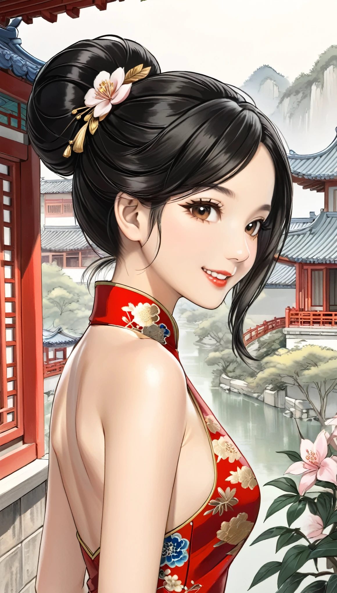 A beautiful woman, city,(standard cheongsam), (flower chignon), (gold embroidery thread), outdoor chinese house, light smile, ((black hair)), little blush, side, (breast), line art, Scan Painting Art, Color pencil drawing art, (hand drawing art), ((draft drawing)),