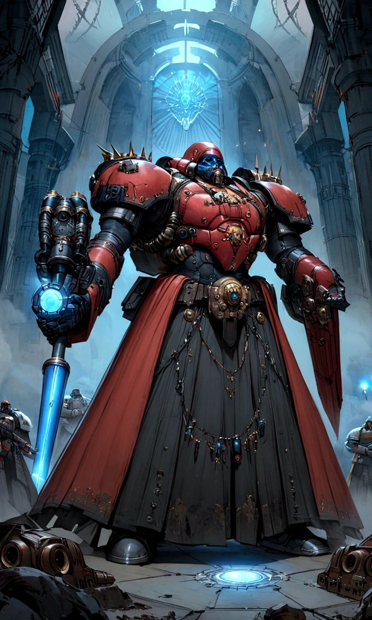 The resulting artwork is of Tech from Star Wars: The Bad Batch, reimagined for the Warhammer 40,000 universe. Depict him as a venerable Tech Priest of the Adeptus Mechanicus, standing at full height. He should be dressed in traditional Christmas regalia, adorned with arcane symbols and creative circuitry. His bionic enhancements should be the sleek, playful tech of Star Wars with the gothic, baroque style of Warhammer 40K. He holds a holographic laptop in one hand, its glowing blue interface contrasting with the dark, grim surroundings. Include elements such as servo arms, manipulators, jagged motifs, and a mechanical staff. The background should evoke a dark, industrial forge world, with towering manufactories and the ever-present glow of forge fires. An overall dark and imposing atmosphere, reflecting the essence of both universes.