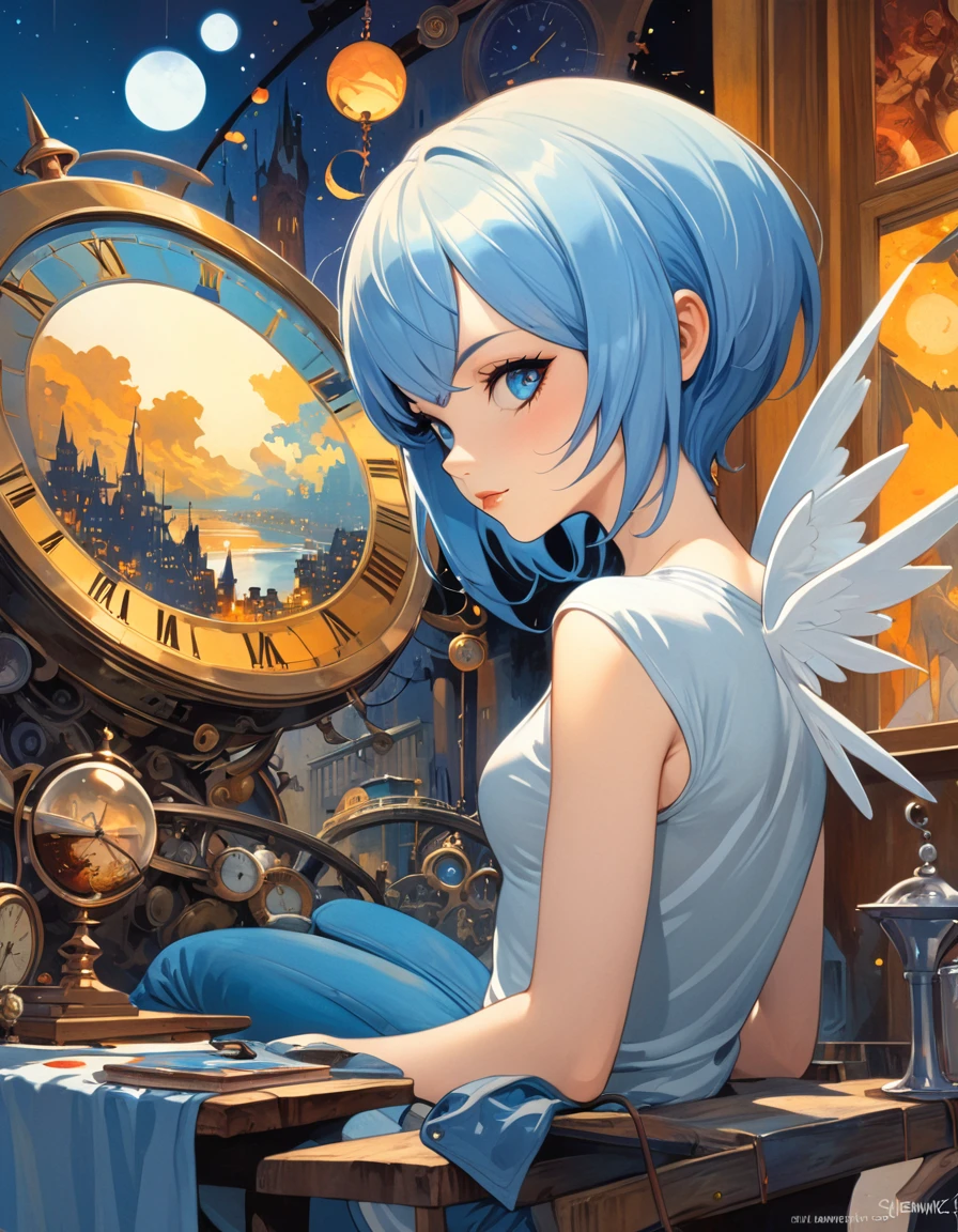houjuu nue, asymmetrical wings,Wambu, Wambu_Draws, long blue hair, clockworld scene(art inspired by Bill Sienkiewicz). oil painting)