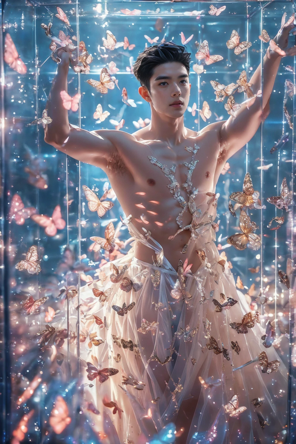 (8K, RAW photo, Highest quality) masterpiece, 1 young boy, 18 years old, Asian muscular man Look at viewer, standing forward, showing his huge muscular breasts, puffy nipples, sexy six packs, narrow waist, Handsome, Topless, Thick body hair, wearing a tight white Calvin Klein men's underwear and curved legs. , gradient background, Sparkle & Sequin Backdrops , cinematic lighting, UHD,(Best quality, 8k, Masterpiece).,highest detail, superior quality, natural lighting, beautiful, sexy, correct anatomy, good composition,Realistic faces, realistic shapes, realistic skin tones,Natural eyes,realistic eyes,looking up at viewer,Realistic convex crotch,realistic muscles,Realistic wrinkles on the skin,Realistic arms and legs,Realistic face,realistic hair,Make a sexy and seductive face, boy focus,amazing composition, front view, HDR, volumetric lighting, ultra quality, elegant,Realistic pose,detailed hair,full body,Fujifilm XT3 photorealistic art by midjourney