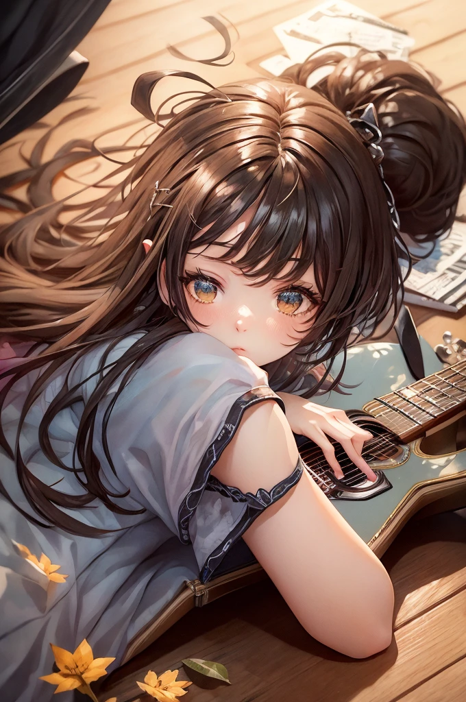 (Highest quality)(Masterpiece)There is a woman lying on the ground holding a guitar., Guweiz-style artwork, guweiz masterpiece, Guweiz, guweiz on pixiv artstation, Nightcore, Guweiz on ArtStation Pixiv, Detailed fan art, play the guitar, Smooth anime CG art, , Beautiful Anime, High quality fan art