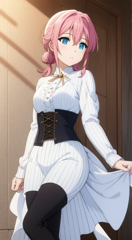 Tied pink hair, blue eyes, white pants, black corset, white long-sleeved blouse, sword at side, brown boots