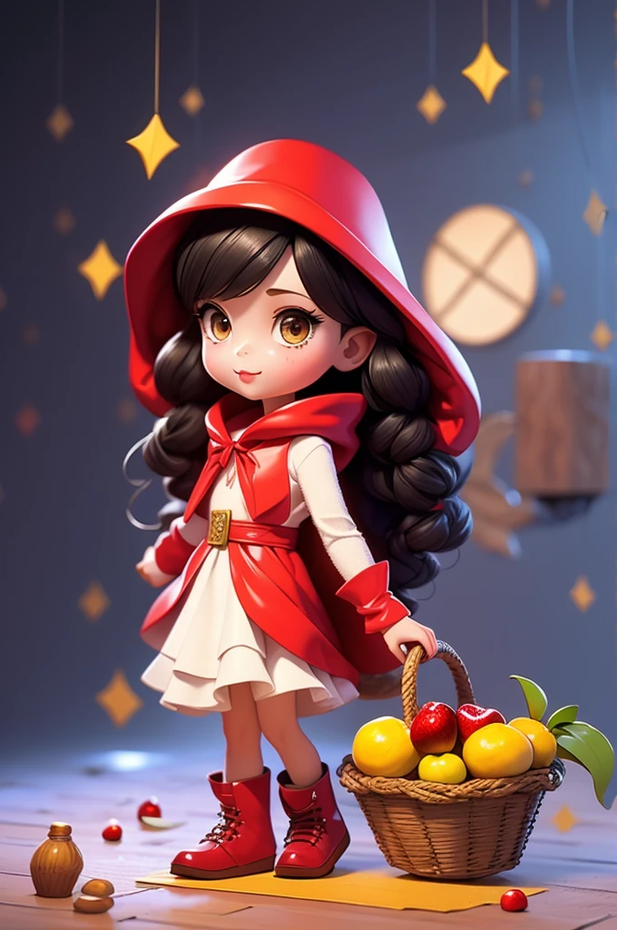 8 year old girl, wearing a red cape hood and white dress, carrying a basket with fruit.